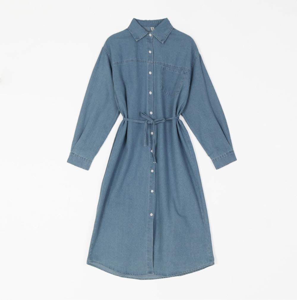 牛仔布襯衫領綁帶洋裝,KOREA,358122,牛仔布襯衫領綁帶洋裝,領500,999免運