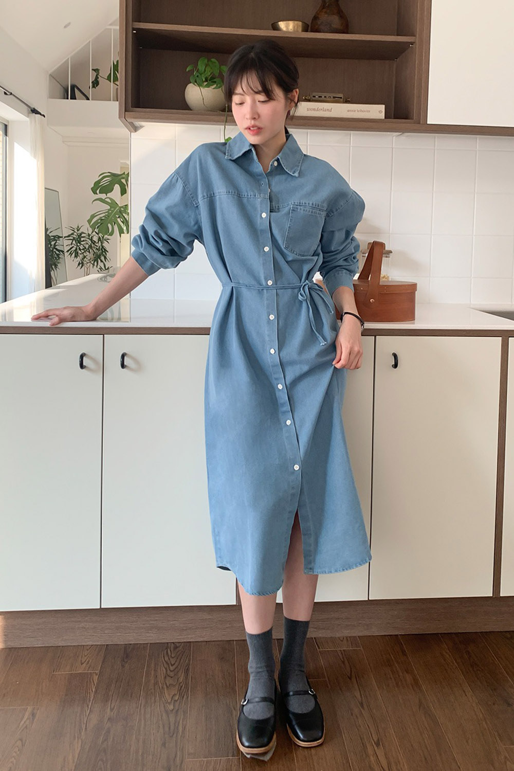 牛仔布襯衫領綁帶洋裝,KOREA,358122,牛仔布襯衫領綁帶洋裝,領500,999免運