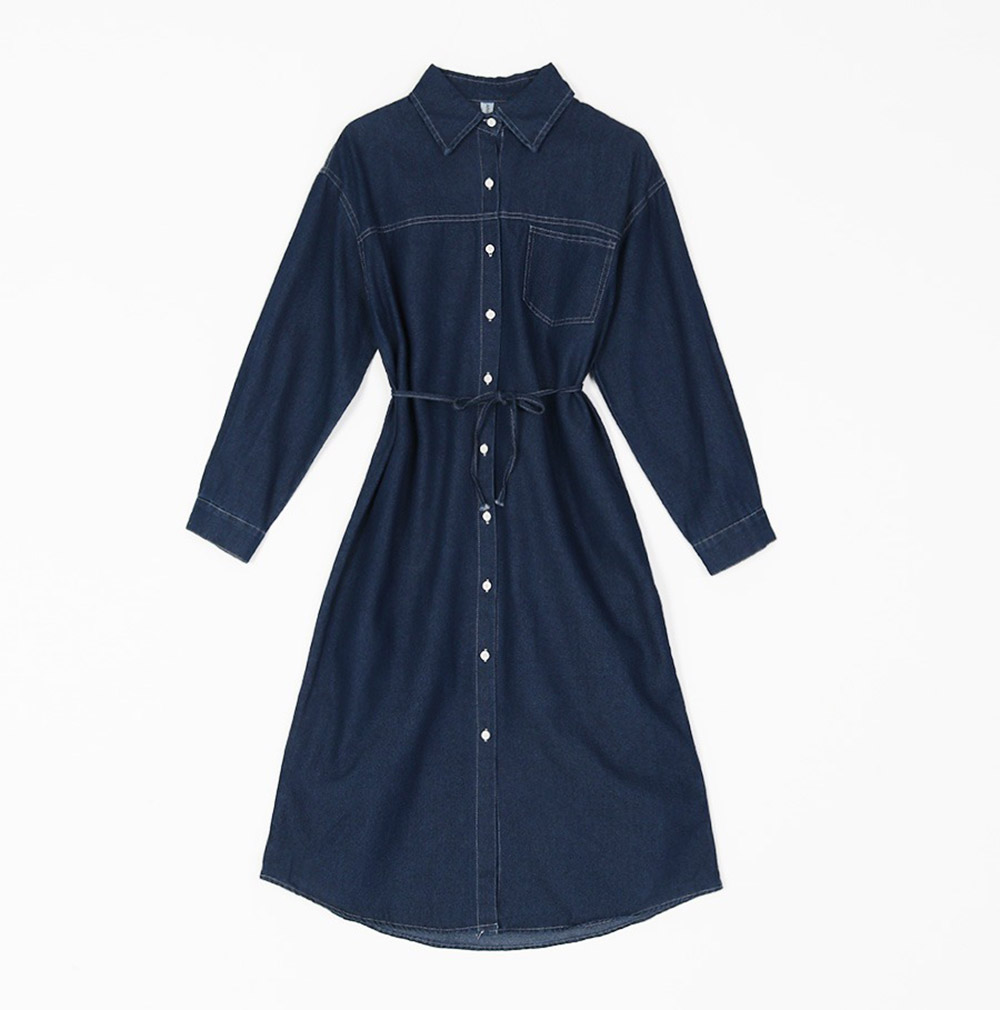 牛仔布襯衫領綁帶洋裝,KOREA,358122,牛仔布襯衫領綁帶洋裝,領500,999免運