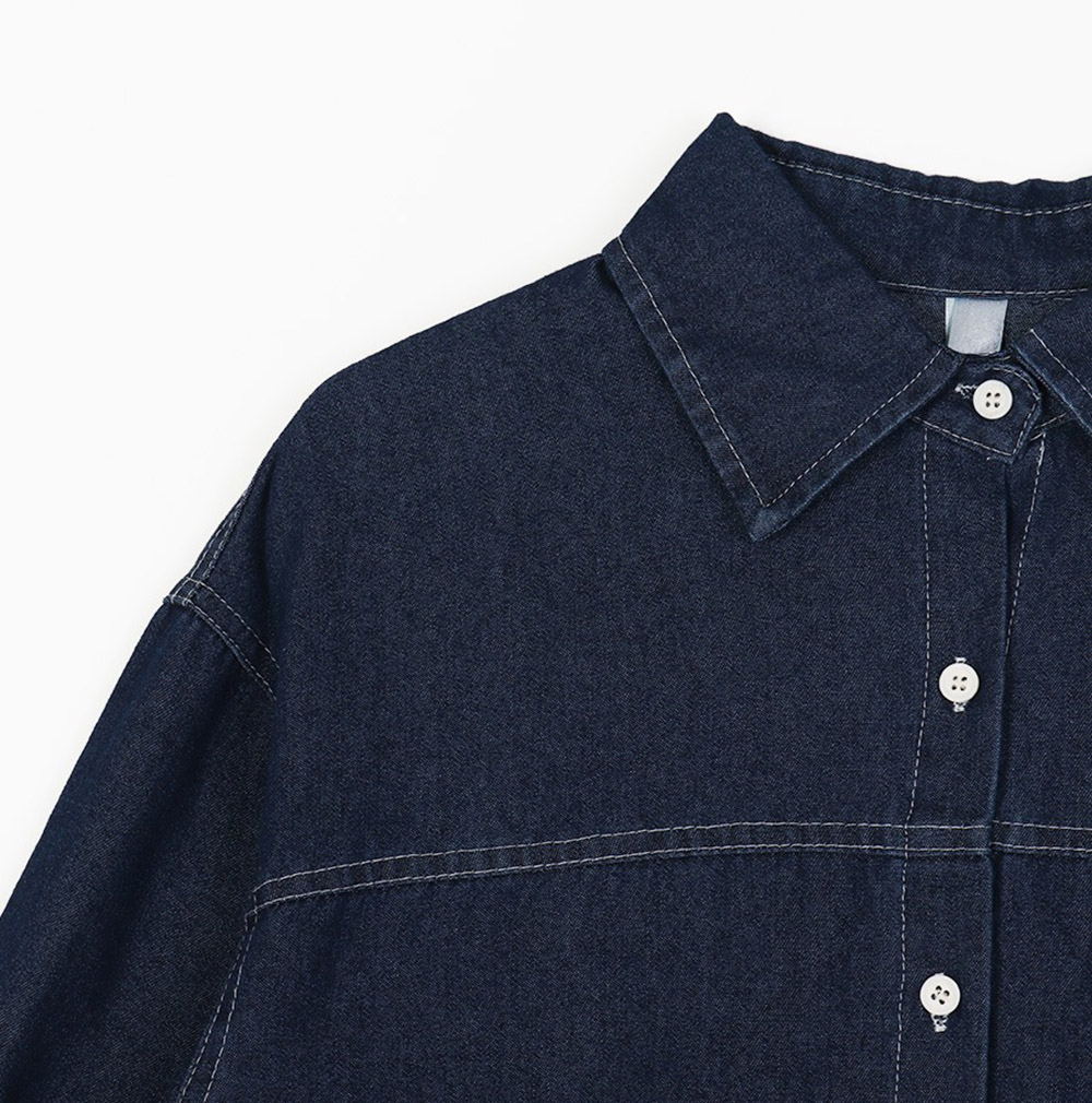 牛仔布襯衫領綁帶洋裝,KOREA,358122,牛仔布襯衫領綁帶洋裝,領500,999免運