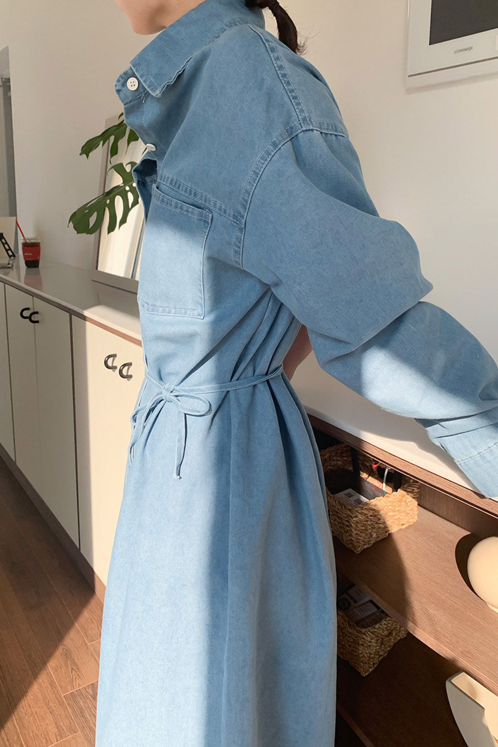 牛仔布襯衫領綁帶洋裝,KOREA,358122,牛仔布襯衫領綁帶洋裝,領500,999免運