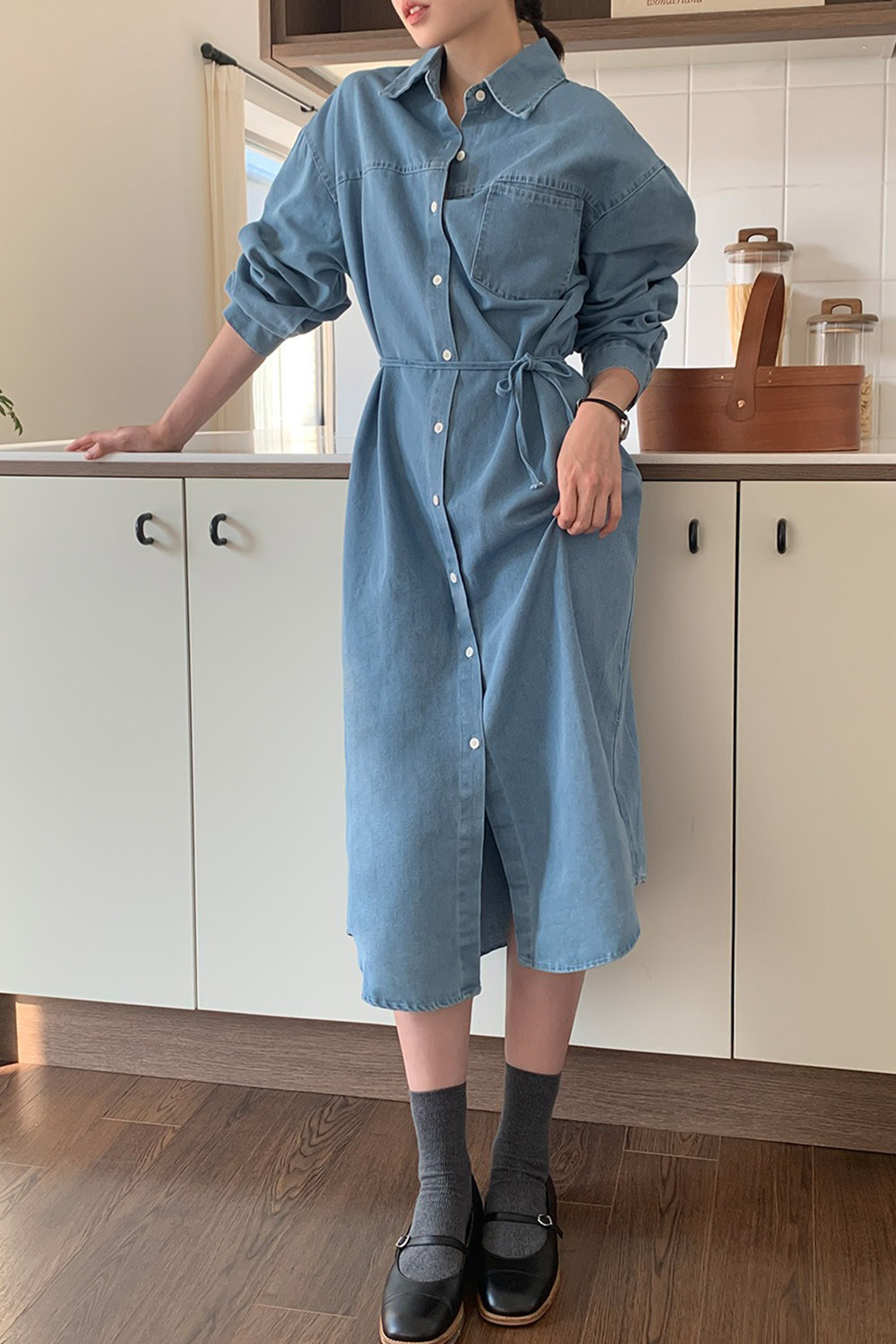 牛仔布襯衫領綁帶洋裝,KOREA,358122,牛仔布襯衫領綁帶洋裝,領500,999免運