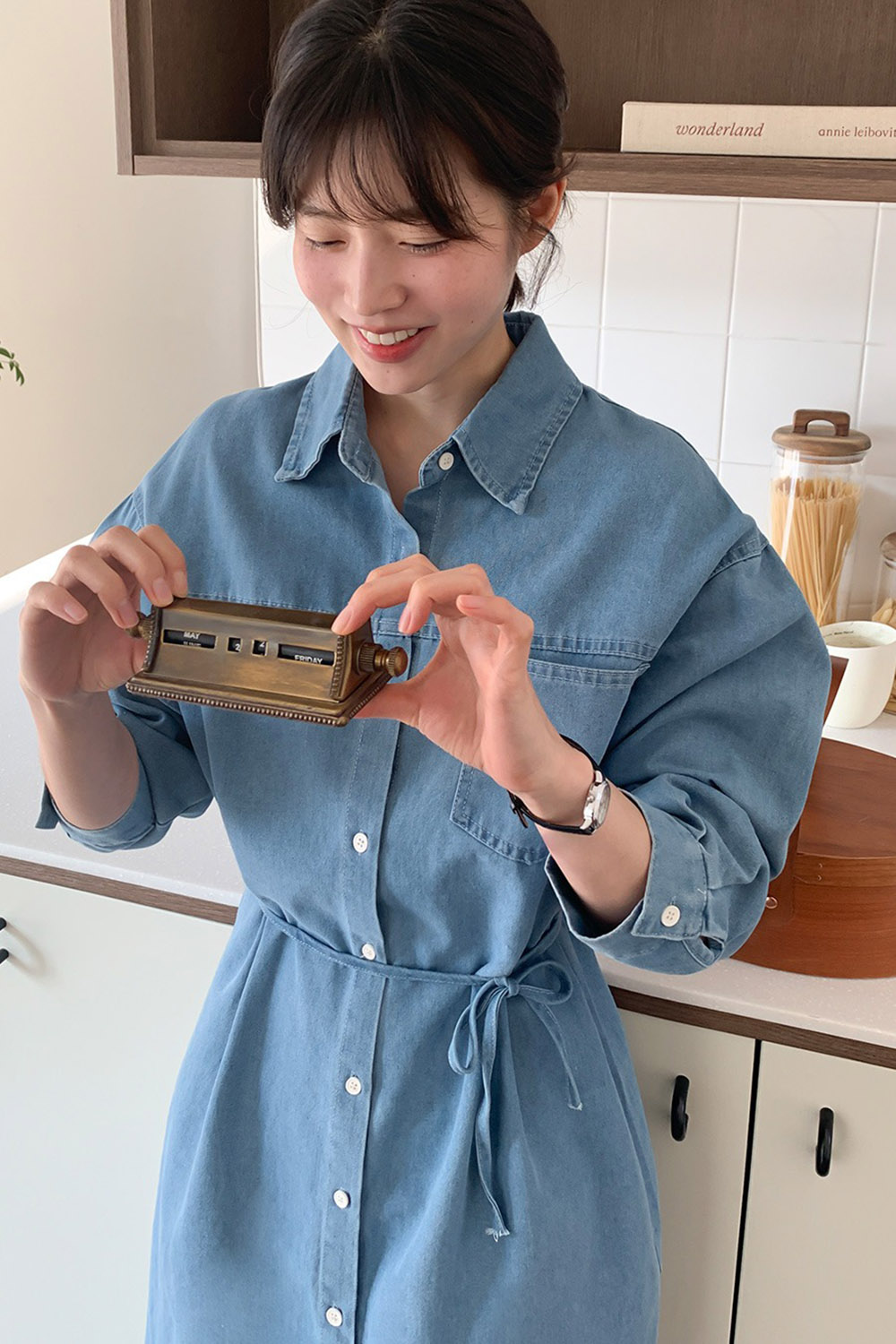 牛仔布襯衫領綁帶洋裝,KOREA,358122,牛仔布襯衫領綁帶洋裝,領500,999免運