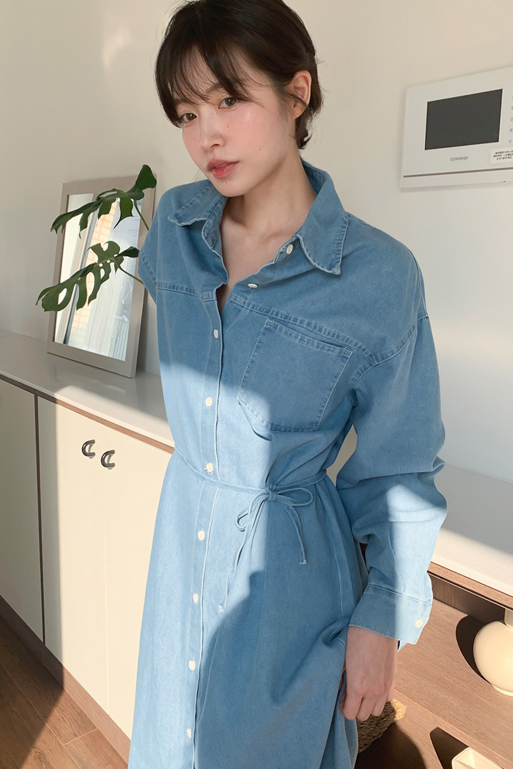 牛仔布襯衫領綁帶洋裝,KOREA,358122,牛仔布襯衫領綁帶洋裝,領500,999免運