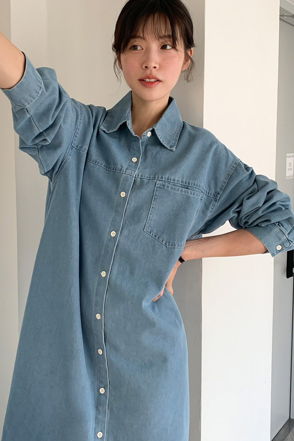 牛仔布襯衫領綁帶洋裝,KOREA,358122,牛仔布襯衫領綁帶洋裝,領500,999免運