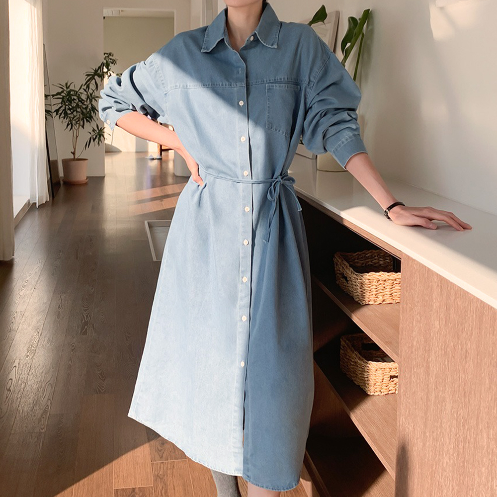 牛仔布襯衫領綁帶洋裝