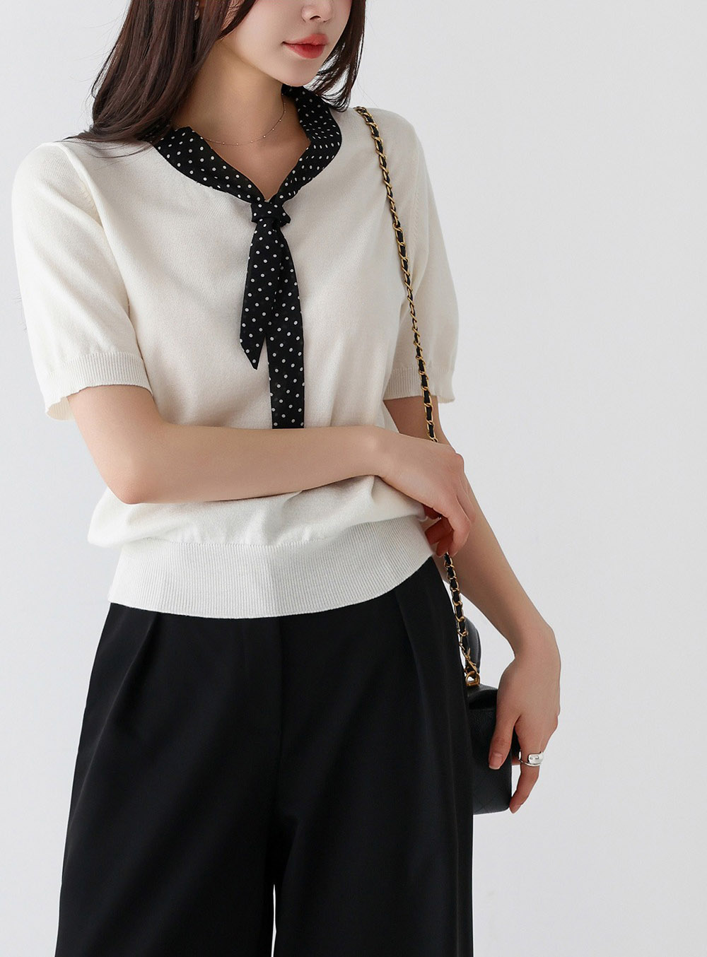 圓點領結拼接針織上衣,KOREA,358166,圓點領結拼接針織上衣,領500,999免運