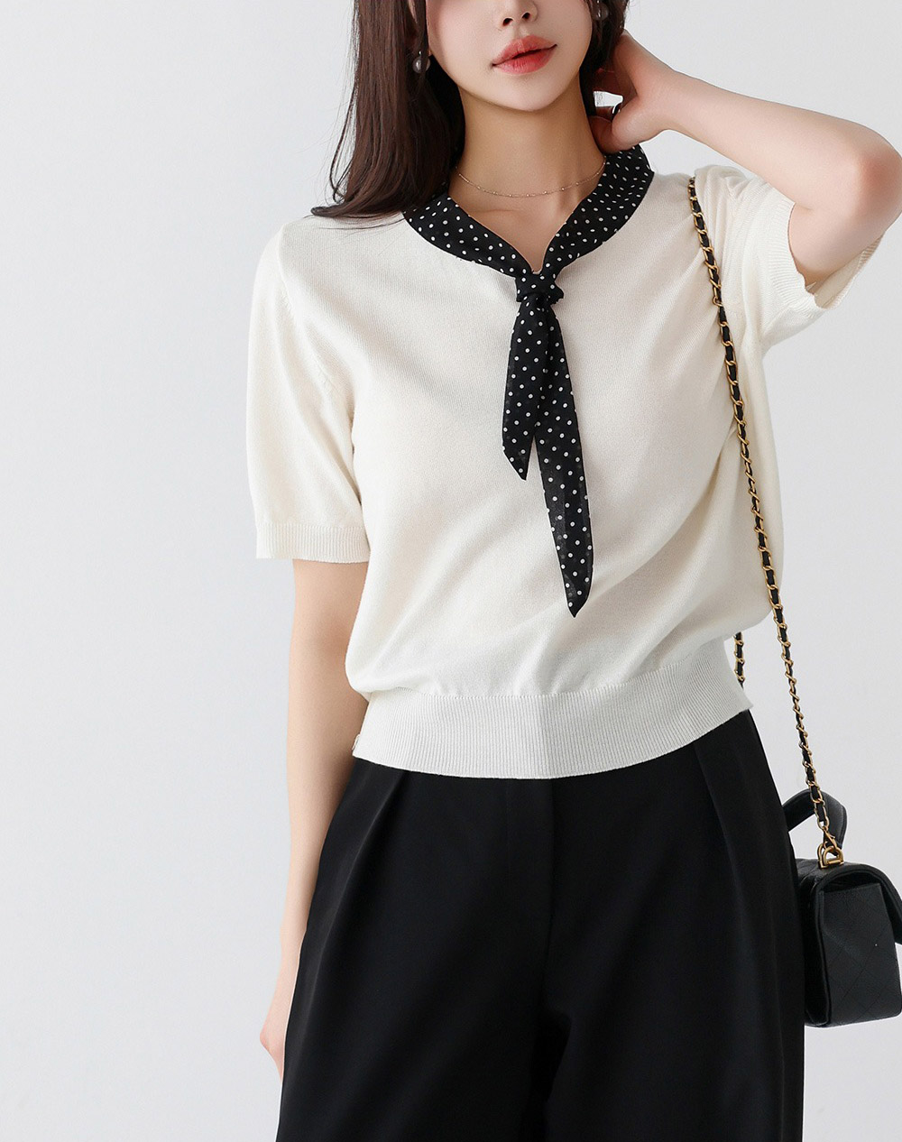 圓點領結拼接針織上衣,KOREA,358166,圓點領結拼接針織上衣,領500,999免運