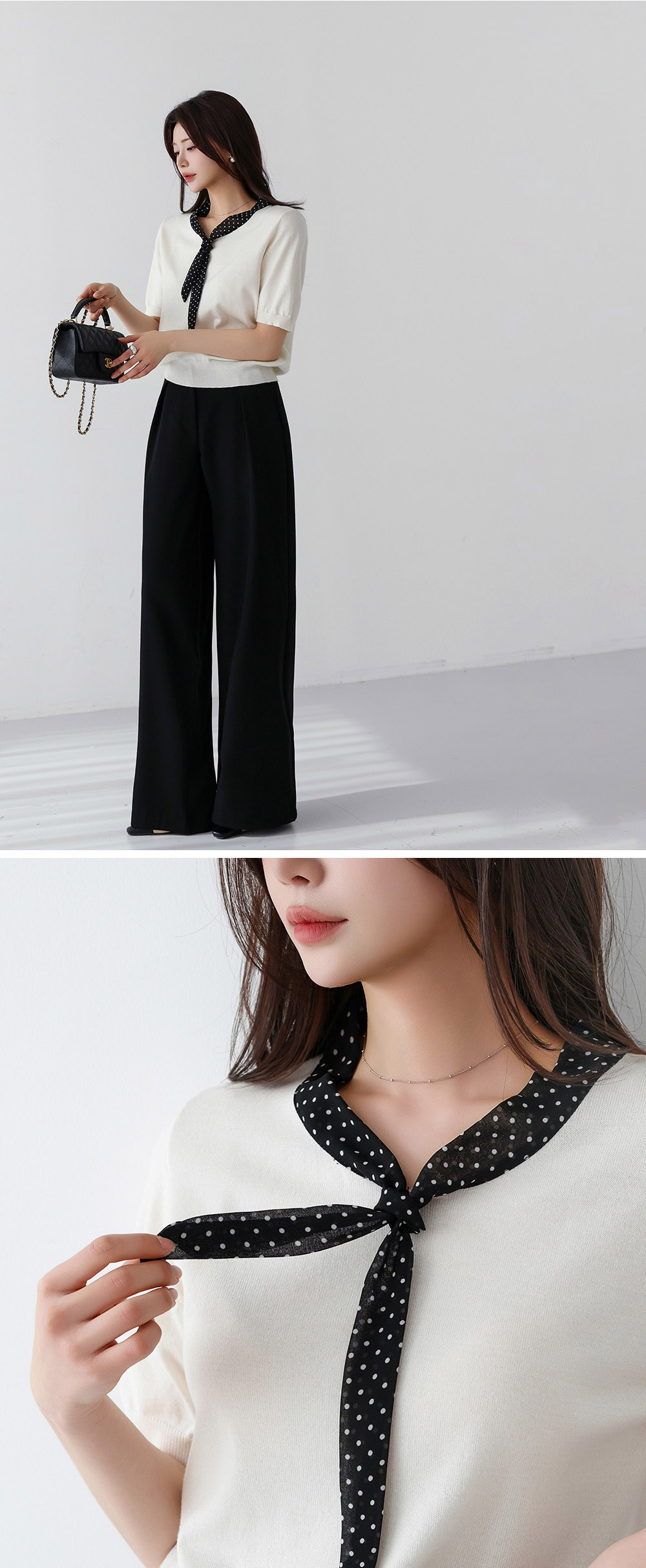 圓點領結拼接針織上衣,KOREA,358166,圓點領結拼接針織上衣,領500,999免運