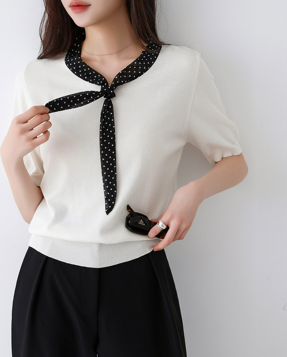 圓點領結拼接針織上衣,KOREA,358166,圓點領結拼接針織上衣,領500,999免運