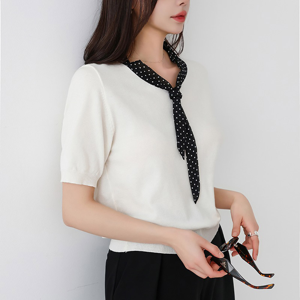 圓點領結拼接針織上衣,KOREA,358166,圓點領結拼接針織上衣,領500,999免運