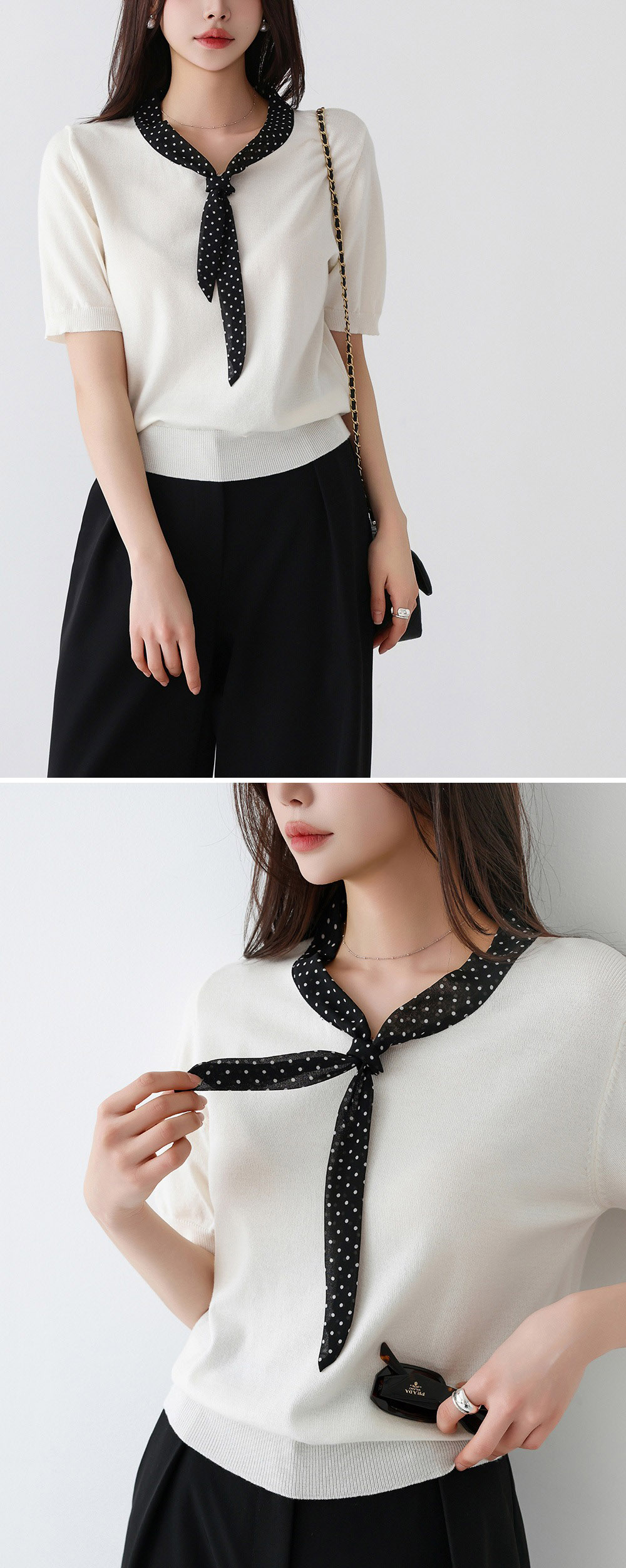 圓點領結拼接針織上衣,KOREA,358166,圓點領結拼接針織上衣,領500,999免運
