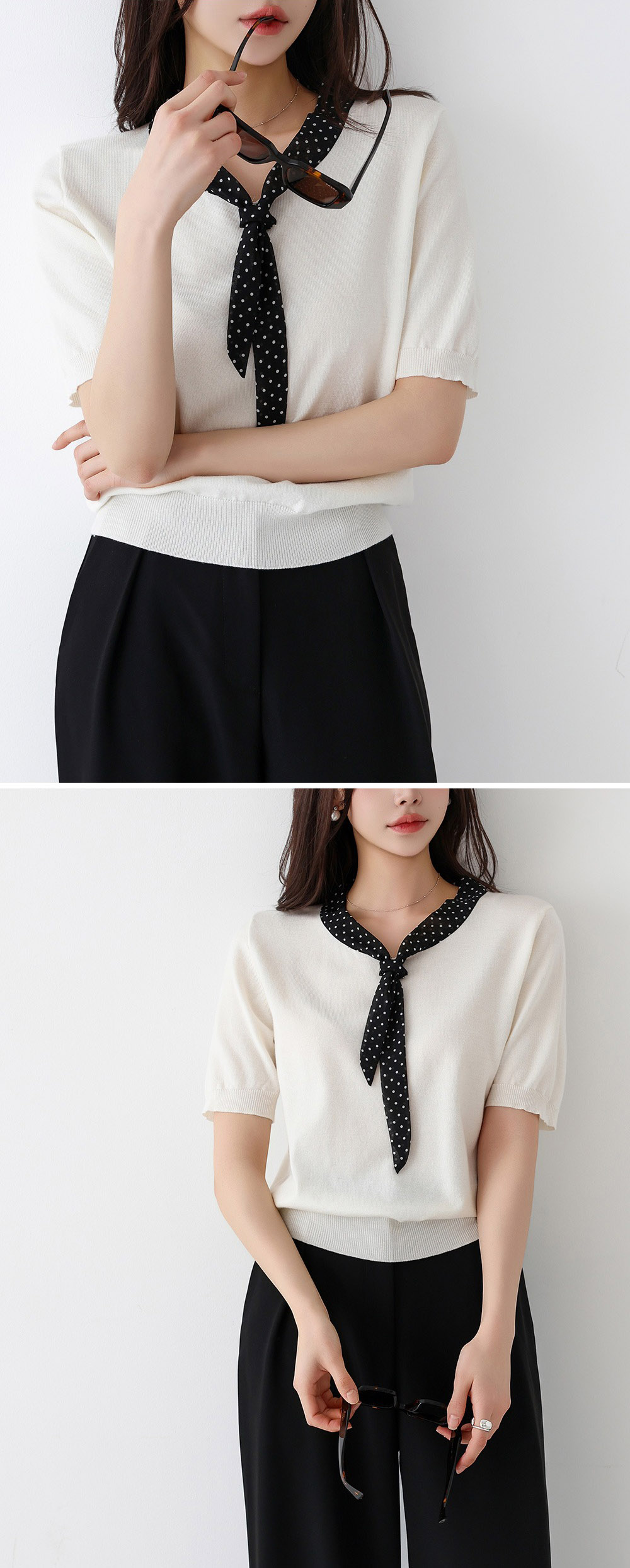 圓點領結拼接針織上衣,KOREA,358166,圓點領結拼接針織上衣,領500,999免運