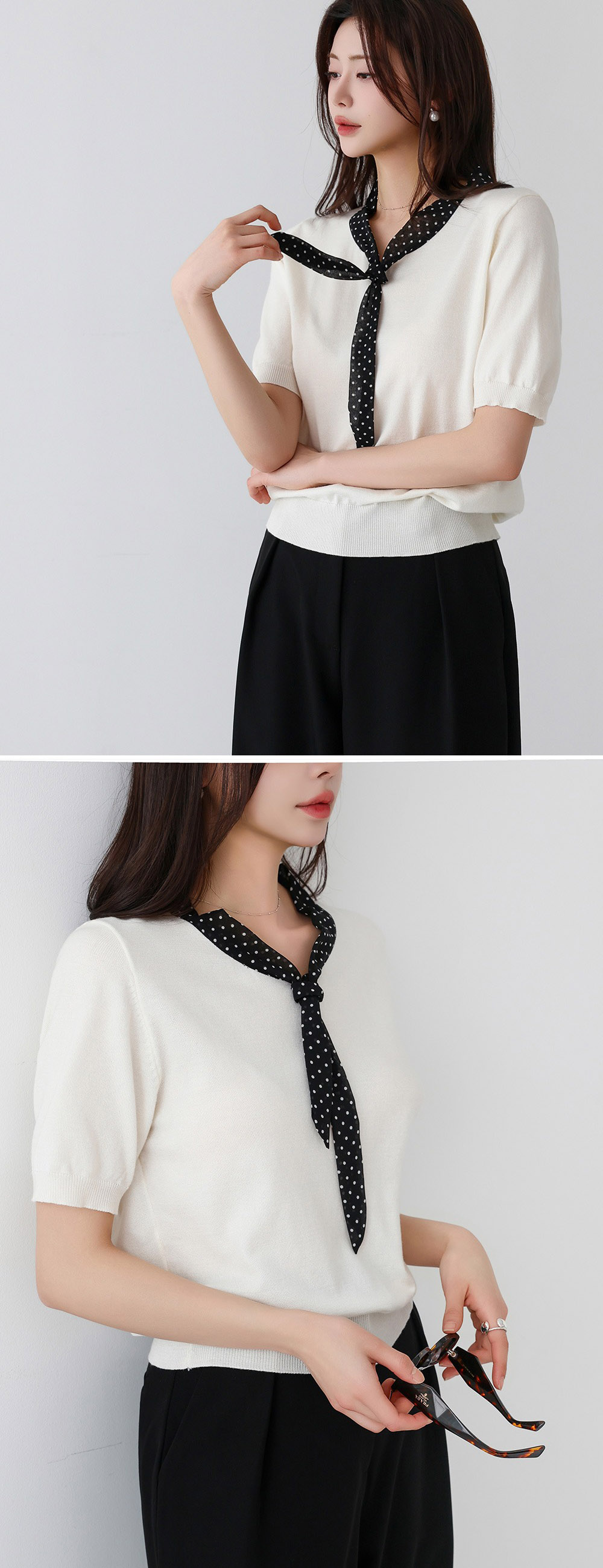 圓點領結拼接針織上衣,KOREA,358166,圓點領結拼接針織上衣,領500,999免運