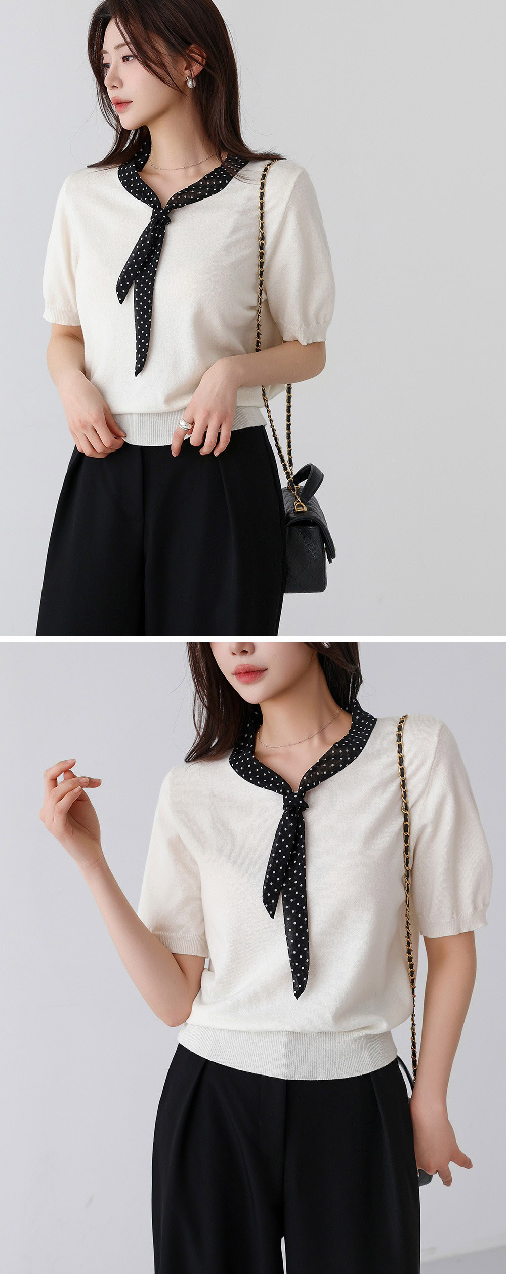 圓點領結拼接針織上衣,KOREA,358166,圓點領結拼接針織上衣,領500,999免運