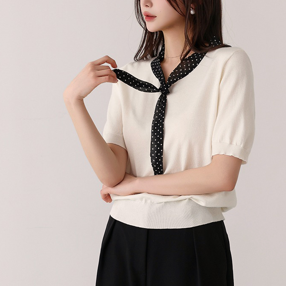圓點領結拼接針織上衣