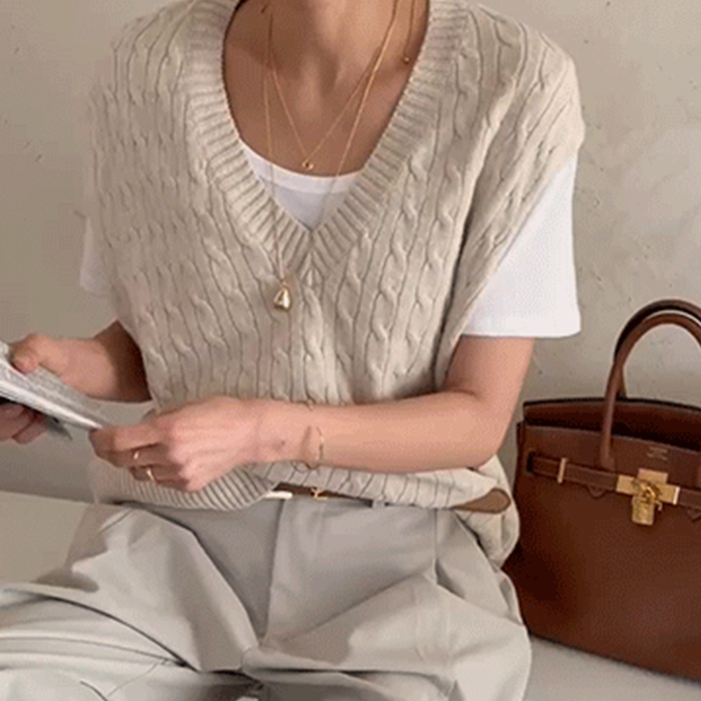 麻花針織V領背心
