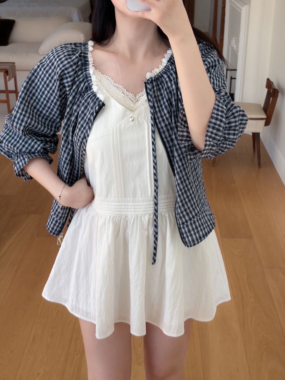 蕾絲領口格紋拉鍊外套,KOREA,358220,蕾絲領口格紋拉鍊外套,領500,999免運