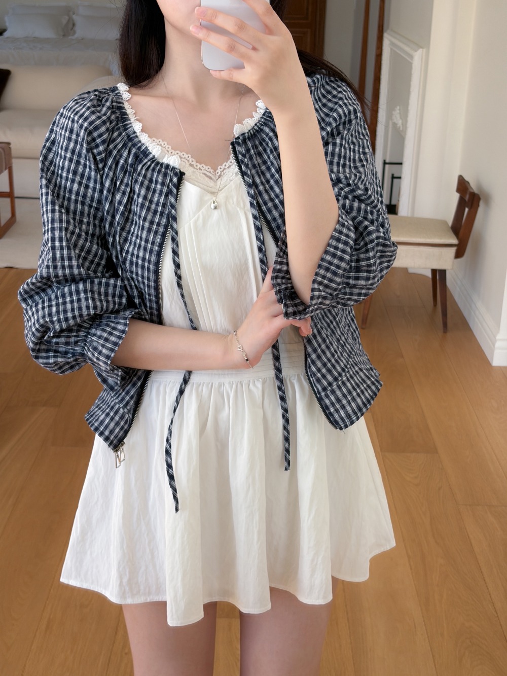 蕾絲領口格紋拉鍊外套,KOREA,358220,蕾絲領口格紋拉鍊外套,領500,999免運