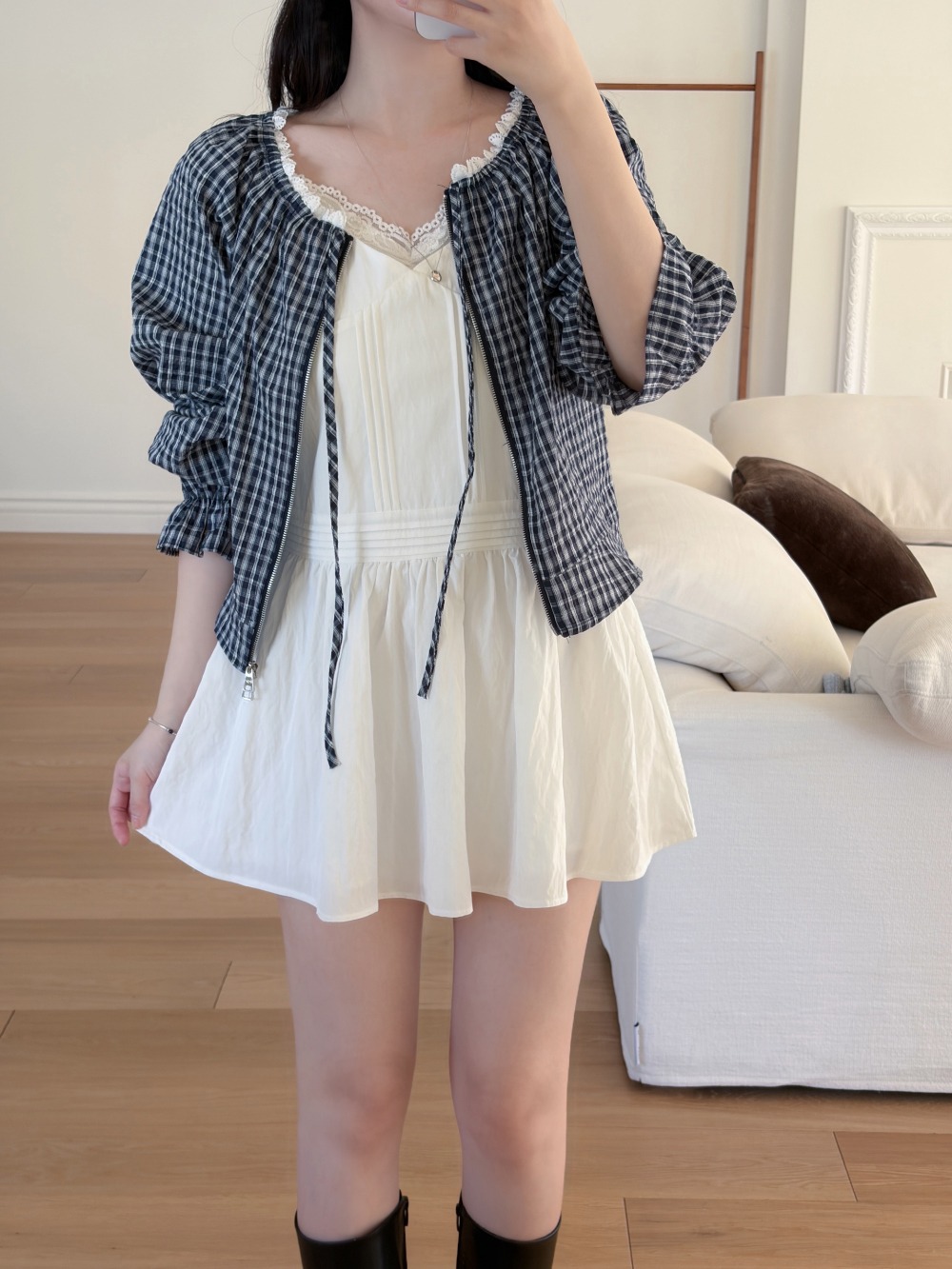 蕾絲領口格紋拉鍊外套,KOREA,358220,蕾絲領口格紋拉鍊外套,領500,999免運