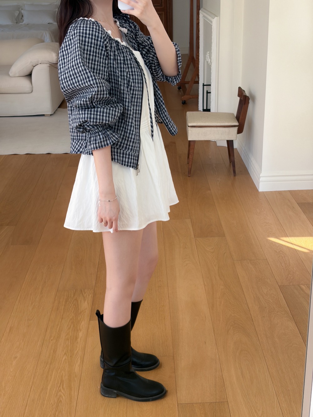 蕾絲領口格紋拉鍊外套,KOREA,358220,蕾絲領口格紋拉鍊外套,領500,999免運