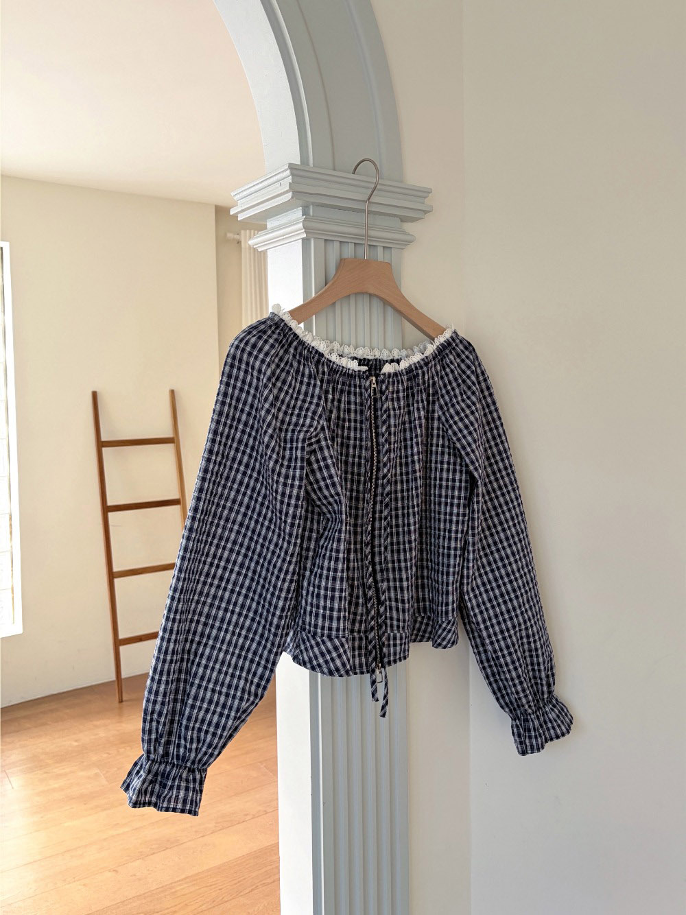 蕾絲領口格紋拉鍊外套,KOREA,358220,蕾絲領口格紋拉鍊外套,領500,999免運