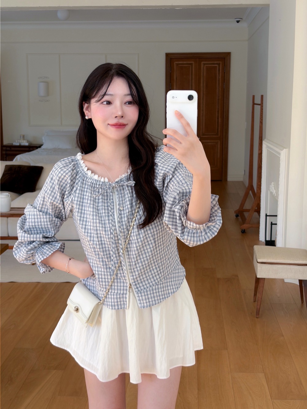 蕾絲領口格紋拉鍊外套,KOREA,358220,蕾絲領口格紋拉鍊外套,領500,999免運