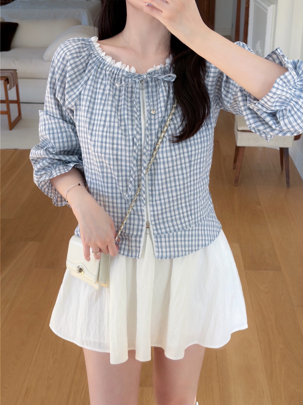 蕾絲領口格紋拉鍊外套,KOREA,358220,蕾絲領口格紋拉鍊外套,領500,999免運