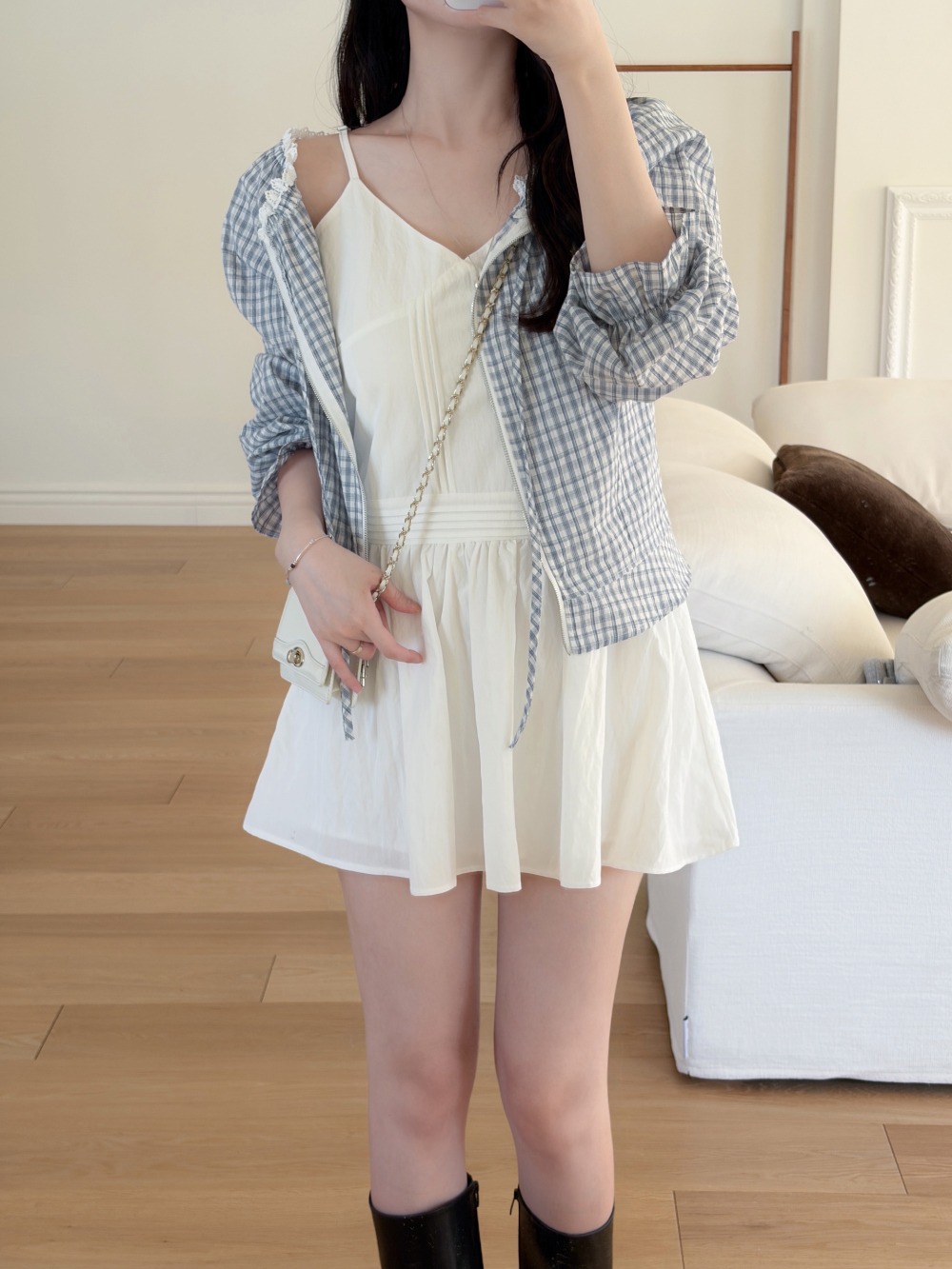 蕾絲領口格紋拉鍊外套,KOREA,358220,蕾絲領口格紋拉鍊外套,領500,999免運