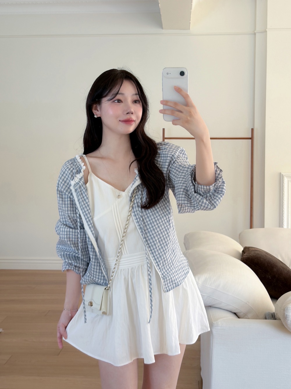 蕾絲領口格紋拉鍊外套,KOREA,358220,蕾絲領口格紋拉鍊外套,領500,999免運