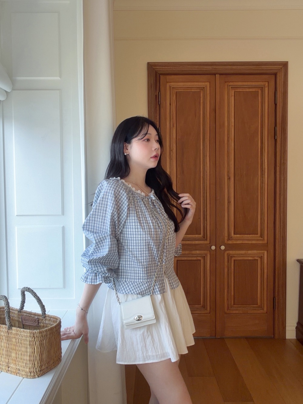 蕾絲領口格紋拉鍊外套,KOREA,358220,蕾絲領口格紋拉鍊外套,領500,999免運