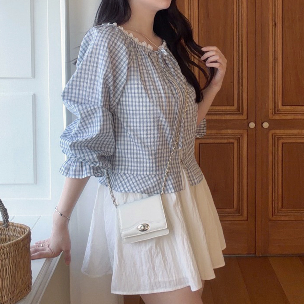 蕾絲領口格紋拉鍊外套