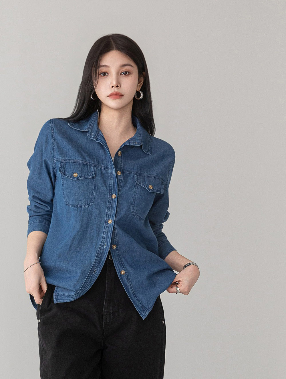 經典水洗牛仔長袖襯衫,KOREA,358680,經典水洗牛仔長袖襯衫,領500,999免運