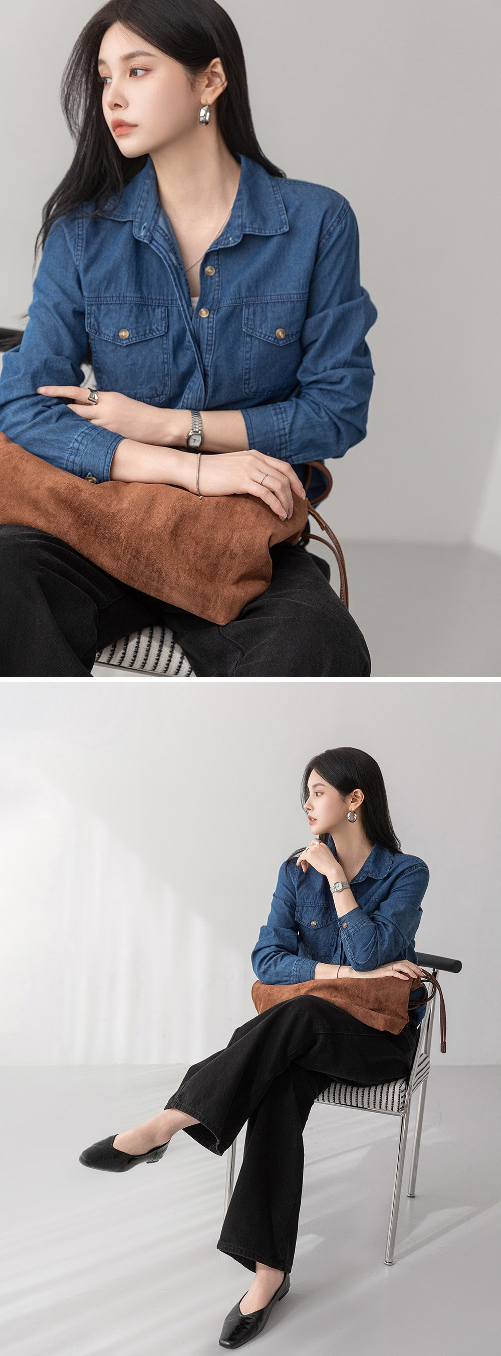 經典水洗牛仔長袖襯衫,KOREA,358680,經典水洗牛仔長袖襯衫,領500,999免運