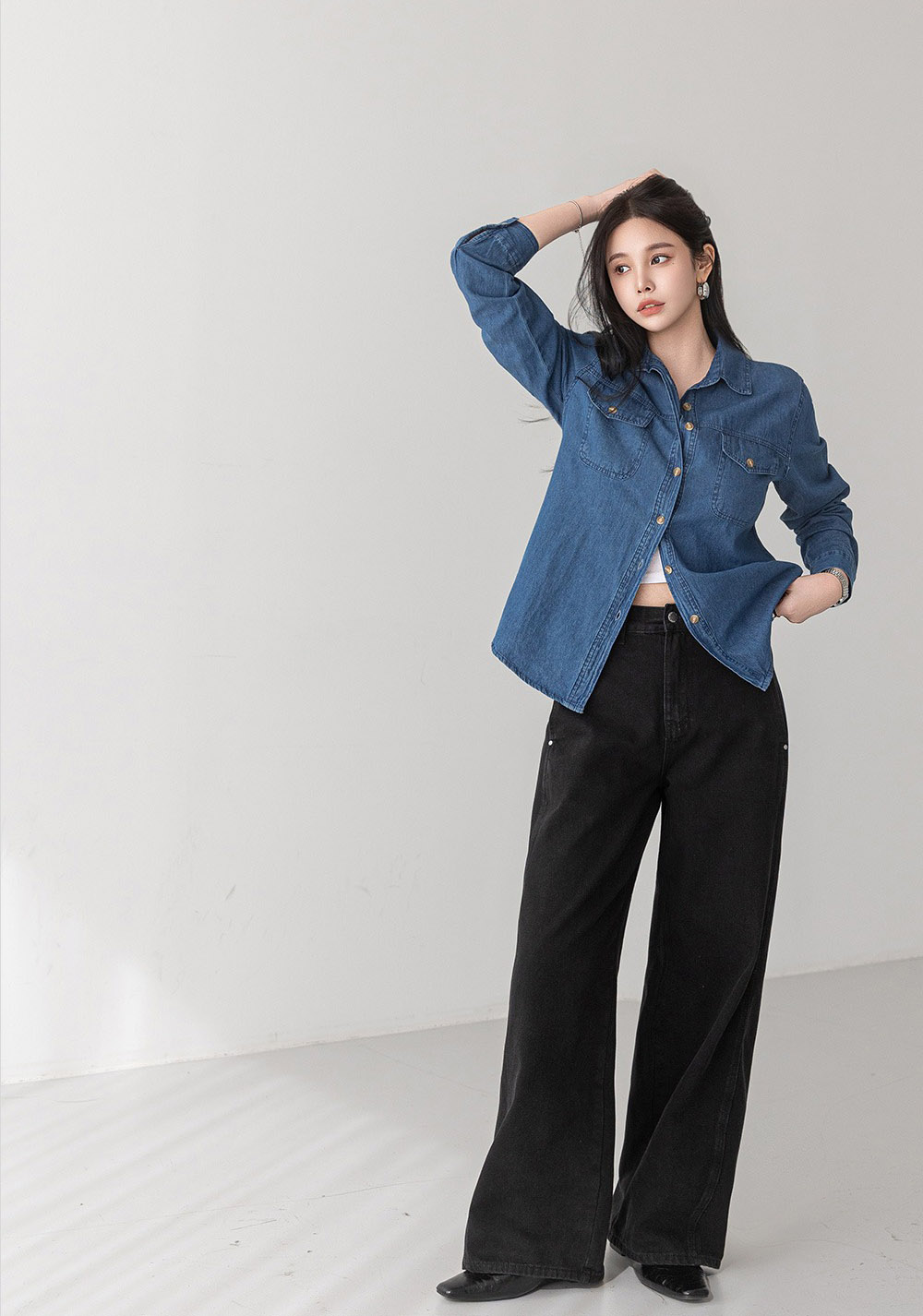 經典水洗牛仔長袖襯衫,KOREA,358680,經典水洗牛仔長袖襯衫,領500,999免運