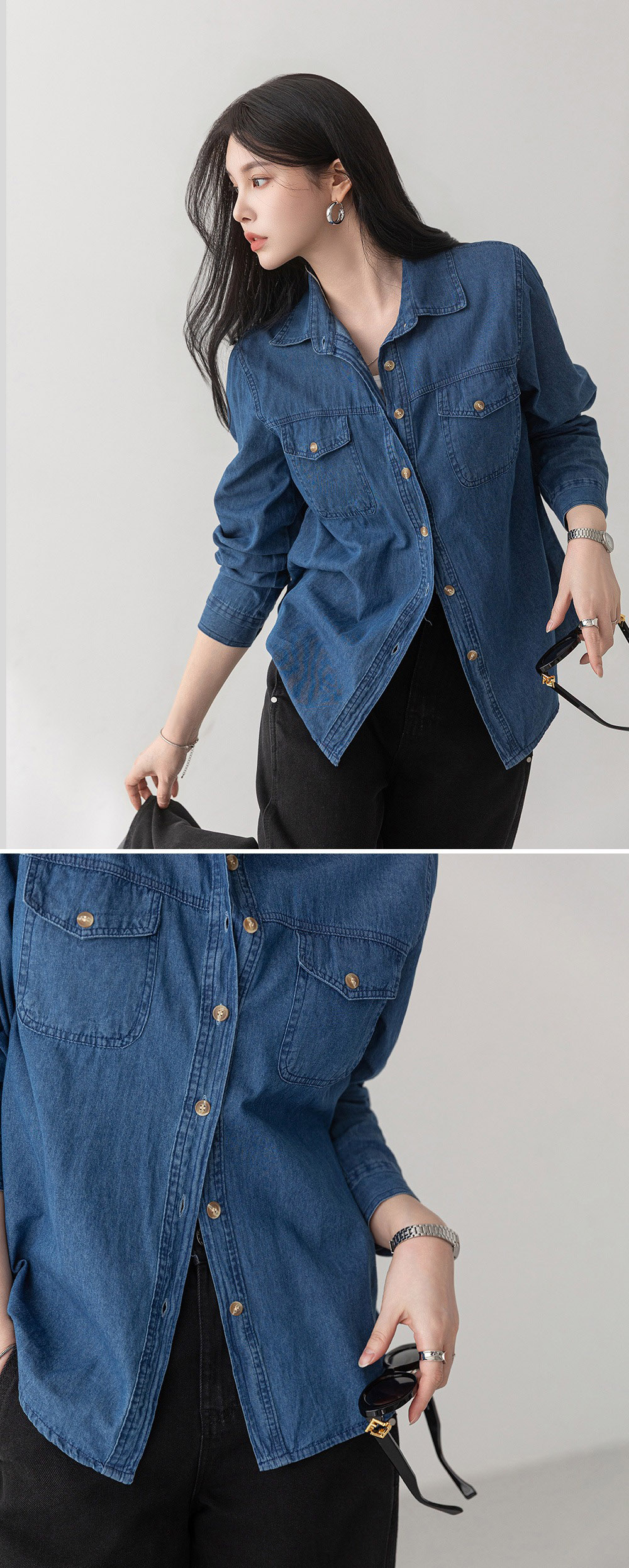 經典水洗牛仔長袖襯衫,KOREA,358680,經典水洗牛仔長袖襯衫,領500,999免運