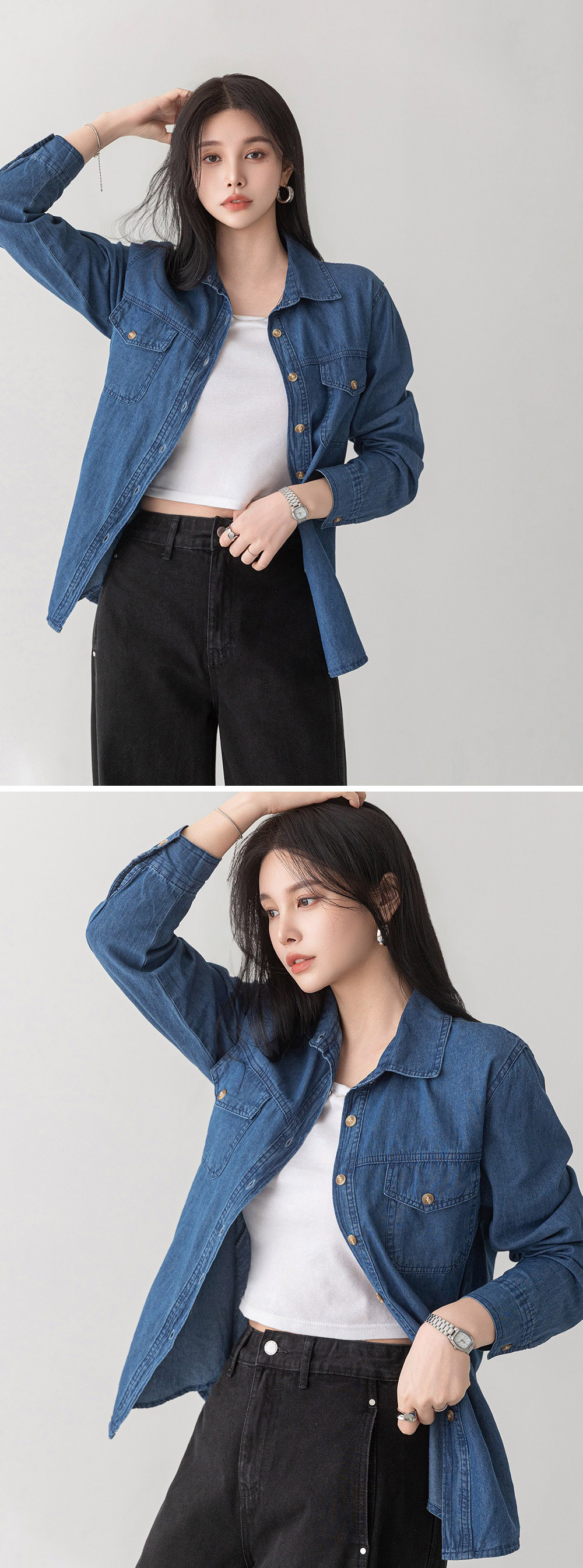 經典水洗牛仔長袖襯衫,KOREA,358680,經典水洗牛仔長袖襯衫,領500,999免運