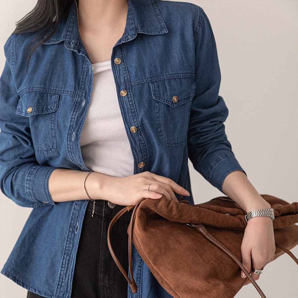 經典水洗牛仔長袖襯衫