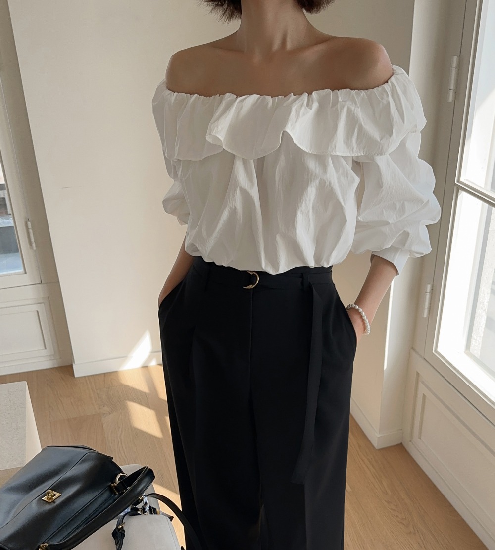 氣質一字荷葉領上衣,KOREA,358847,氣質一字荷葉領上衣,領500,999免運