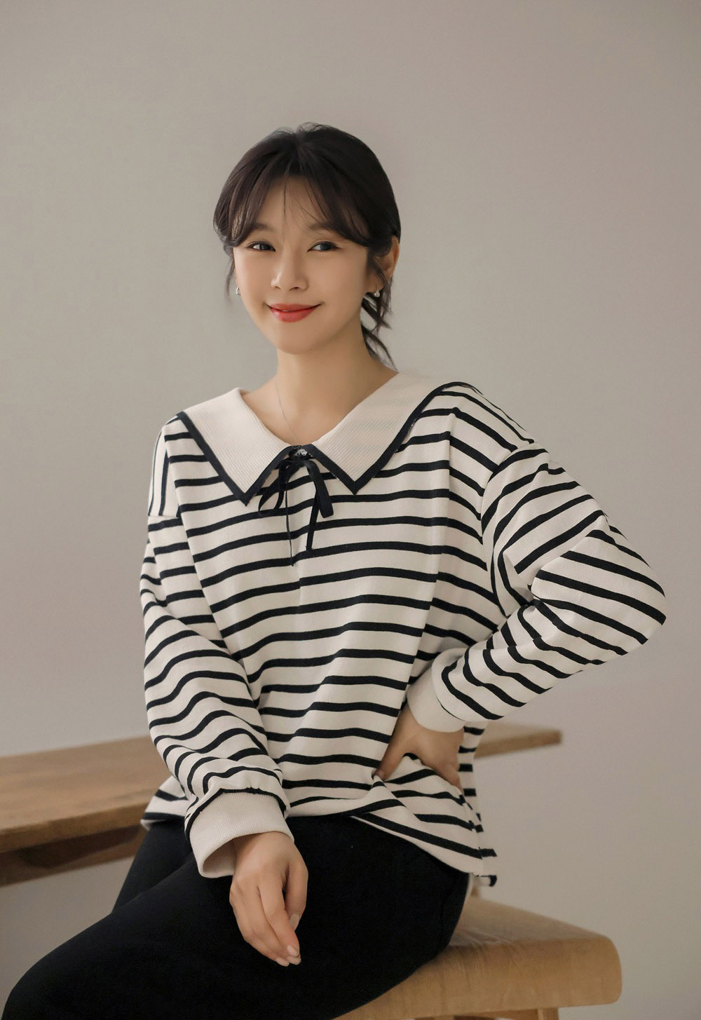 水手領綁帶條紋上衣,KOREA,357847,水手領綁帶條紋上衣,周新品優惠,NEWARRIVAL