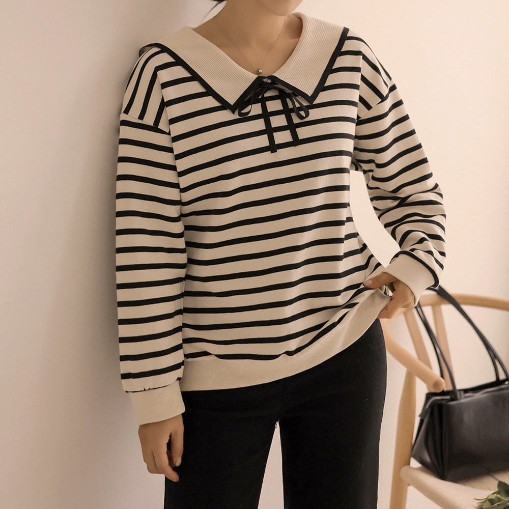 水手領綁帶條紋上衣