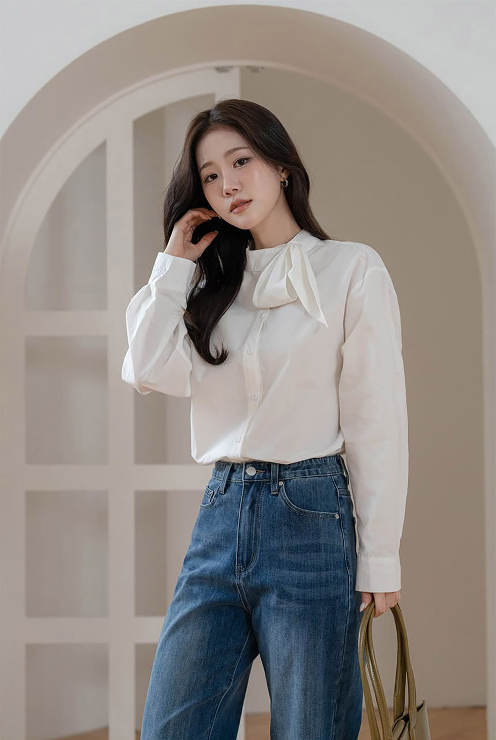 領口絲巾設計長袖襯衫,KOREA,358004,領口絲巾設計長袖襯衫,領500,999免運