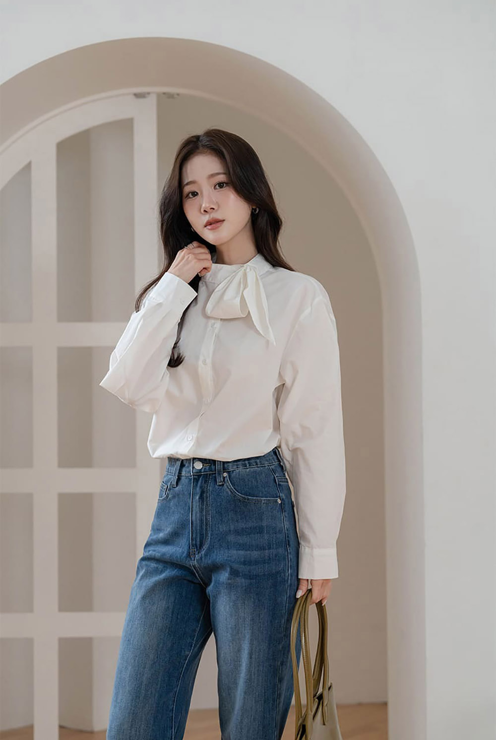 領口絲巾設計長袖襯衫,KOREA,358004,領口絲巾設計長袖襯衫,領500,999免運