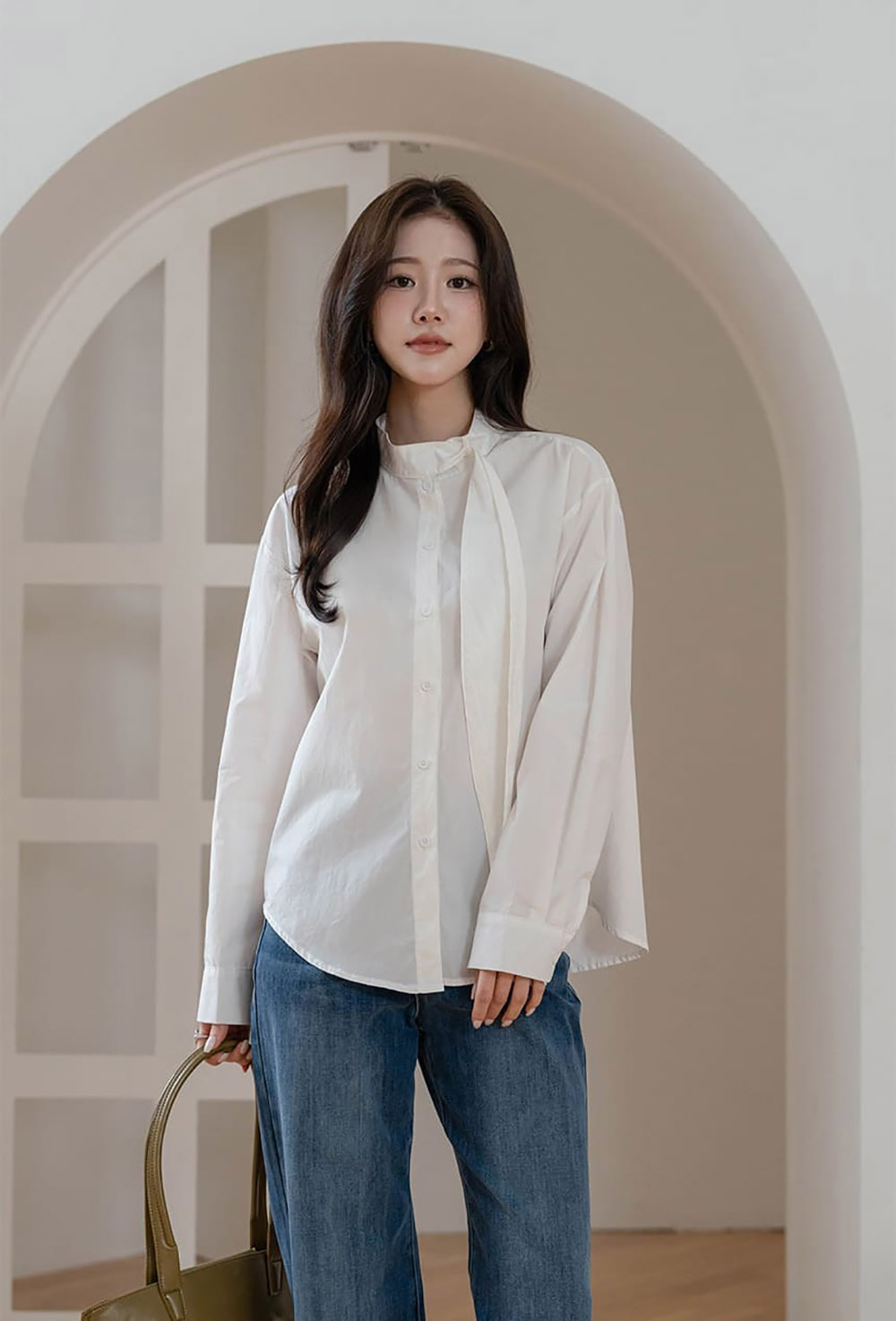 領口絲巾設計長袖襯衫,KOREA,358004,領口絲巾設計長袖襯衫,領500,999免運