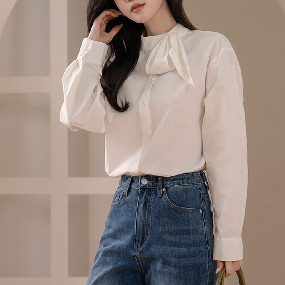 領口絲巾設計長袖襯衫