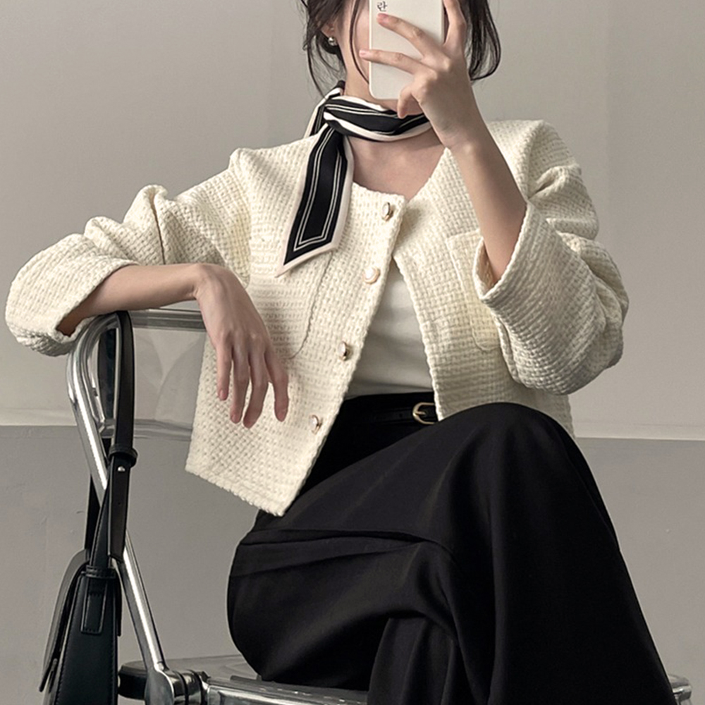 圓領粗花呢短版外套