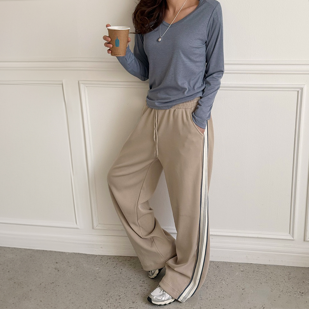 側邊撞色設計彈性長褲