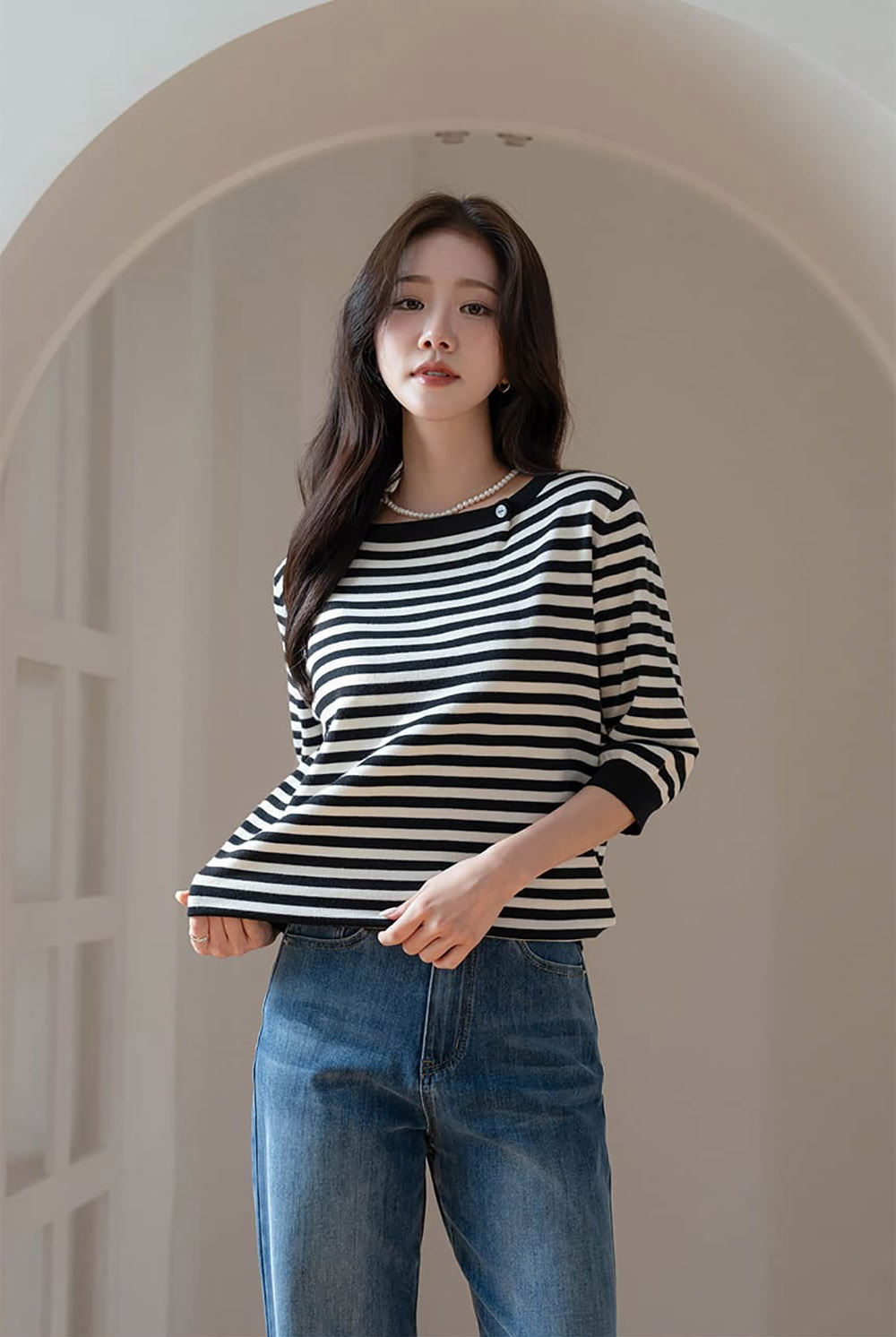 條紋七分袖針織上衣,KOREA,358459,條紋七分袖針織上衣,周新品優惠,NEWARRIVAL