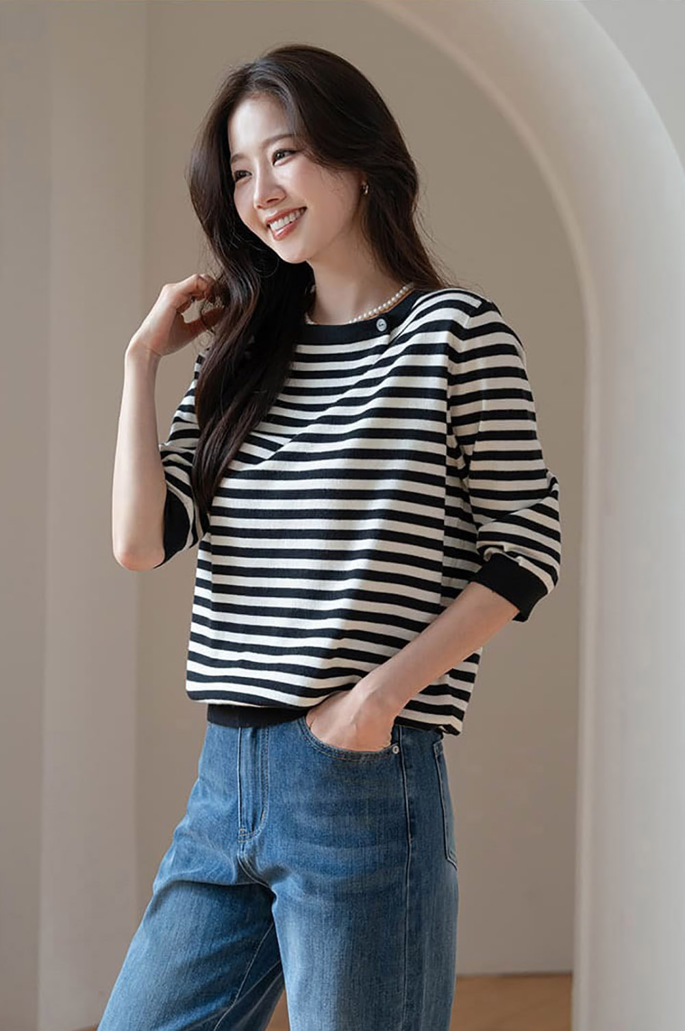 條紋七分袖針織上衣,KOREA,358459,條紋七分袖針織上衣,周新品優惠,NEWARRIVAL