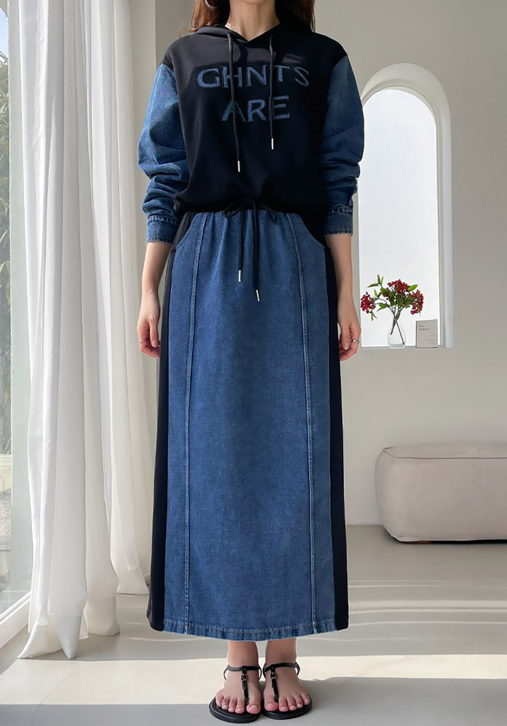 牛仔拼接設計長裙套裝,KOREA,358699,牛仔拼接設計長裙套裝,周新品優惠,NEWARRIVAL